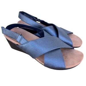 Vionic‎ Mckenna Metallic Slingback Wedge Sandals Pewter Leather Comfort Size 6.5